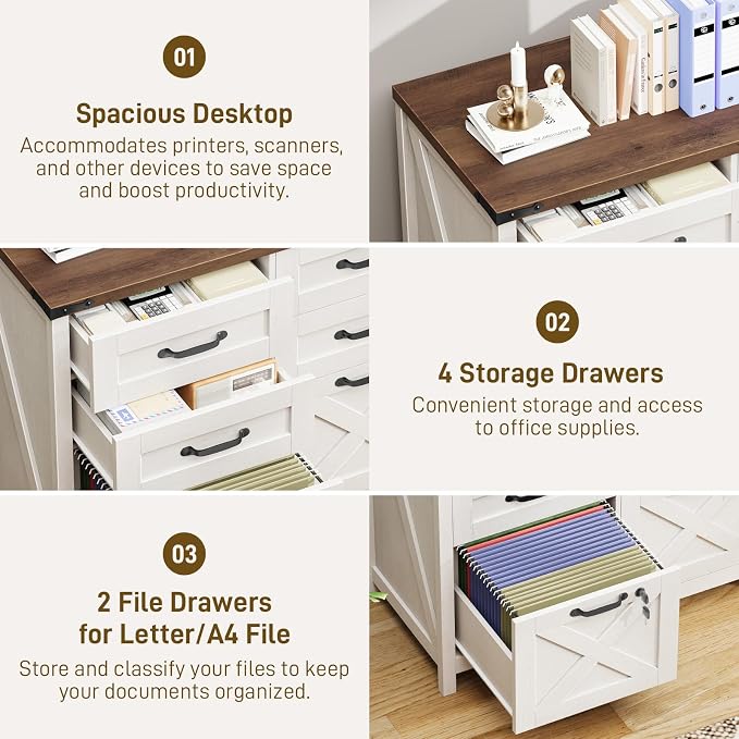Halitaa Farmhouse Lateral File Cabinet with 6 Drawers, Rustic White | Lateral Filing Cabinet with Lock for Letter/A4 Size Hanging File, Wood File Storage Cabinet Printer Stand for Home Office
