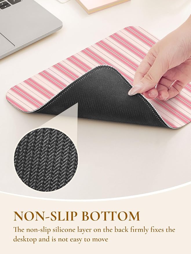 Square Cute Striped Mouse Pad with Stitched Edge, Premium Waterproof Cloth Aesthetic Small Stripe Mouse Mat, Non-Slip Rubber Base Funny Mousepad Desk Accessories,Striped Light Pink