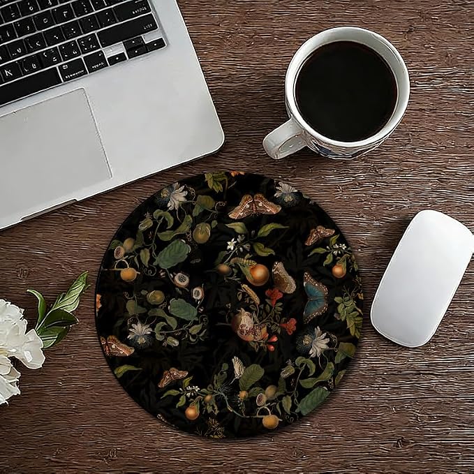 Vintage Dark Cottagecore Floral Moth Round Mouse Pad, Dark Boho Tropical Botanical Fruit Butterfly Mousepad Mat for Home Office Computer Laptop Desk Accessories 7.9x7.9 in