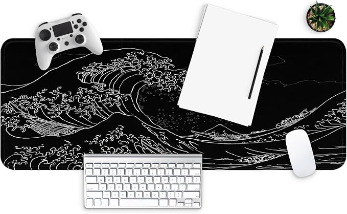 MAY FLOWER Large Gaming Mouse Pad, Full Keyboard Mat, Long Laptop Mousepad, Computer Mouse Mat for Home and Office, Anti-Slip Rubber Base, 31.5 x 11.8 Inches (Black Sea Wave)