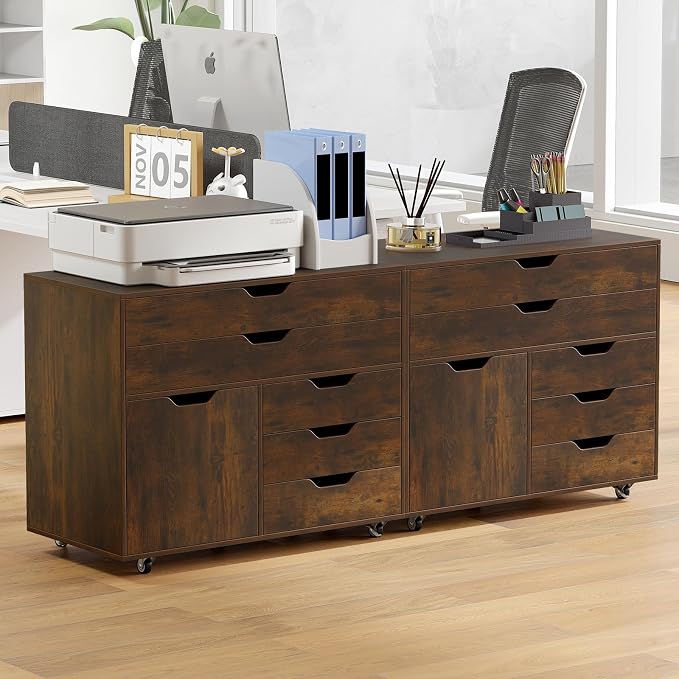 DREAMADE Rolling File Cabinet, 5-Drawer Filing Cabinet, Rustic Brown | Mobile Storage Cabinet with Door and Lockable Metal Wheels, Wood Printer Stand Organizer for Home Office and Study