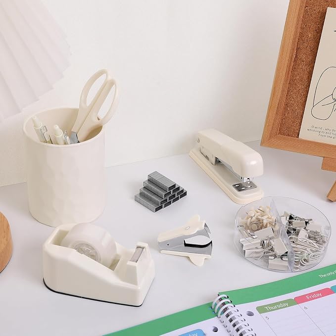 SKYDUE Office Supplies Set, Stapler and Tape Dispenser Set,10PCS | Desk Accessories Kit with Stapler, Tape Dispenser, Scissors, Clips & Staple Remover, for Home Office, School