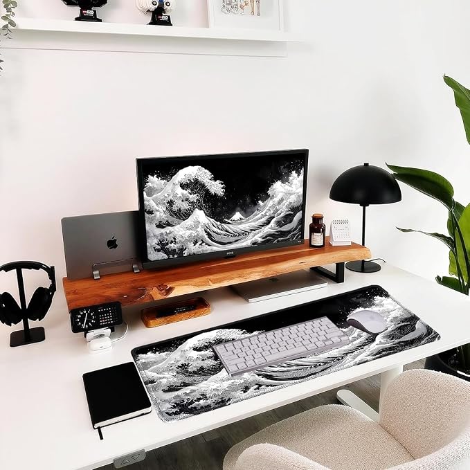 Black and White Japanese sea Mouse Pad, Kanagawa Surfing 31.5"x11.8" | Great Wave mount fuji Desk Mat, Sewn Edges, Microwoven Fabric,Easy to Clean,Suitable for Office