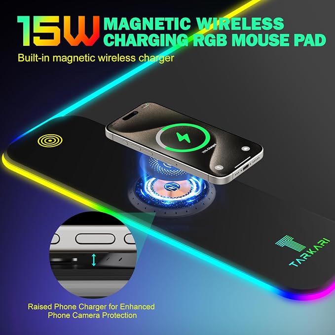 TARKARI RGB Mouse Pad Wireless Charging Desk Mat, LED Gaming Mouse Mat 800x300x4mm, 10 Light Modes, Waterproof, Non-Slip Rubber Base, Keyboard Pad for PC, MacBook Laptop