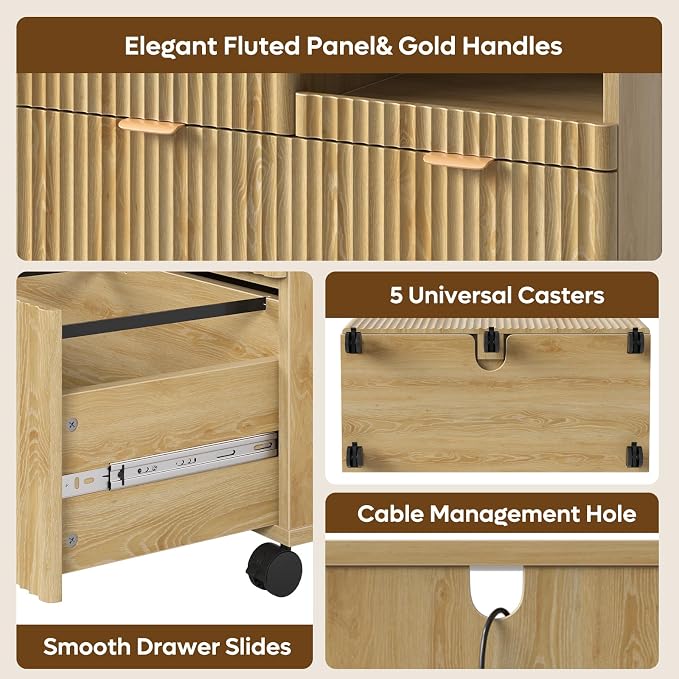 Bestier 3 Drawer File Cabinet, Decorative Fluted Wood Lateral Filing Cabinet with Caster for Home Office, Fits for A4/Letter/Legal-Sized Files, Printer Stand with Open Storage Shelves, Oak