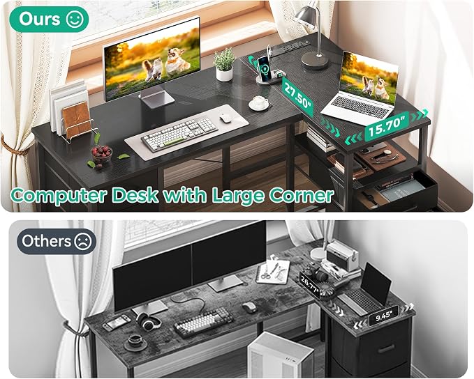 Coleshome 55 Inch L Shaped Office Desk with 6 Drawers, Power Outlet, Black | 5 Fabric Drawers, File Drawer, USB and Type-C Ports, Open Storage Shelf, Reversible Layout for Home Office