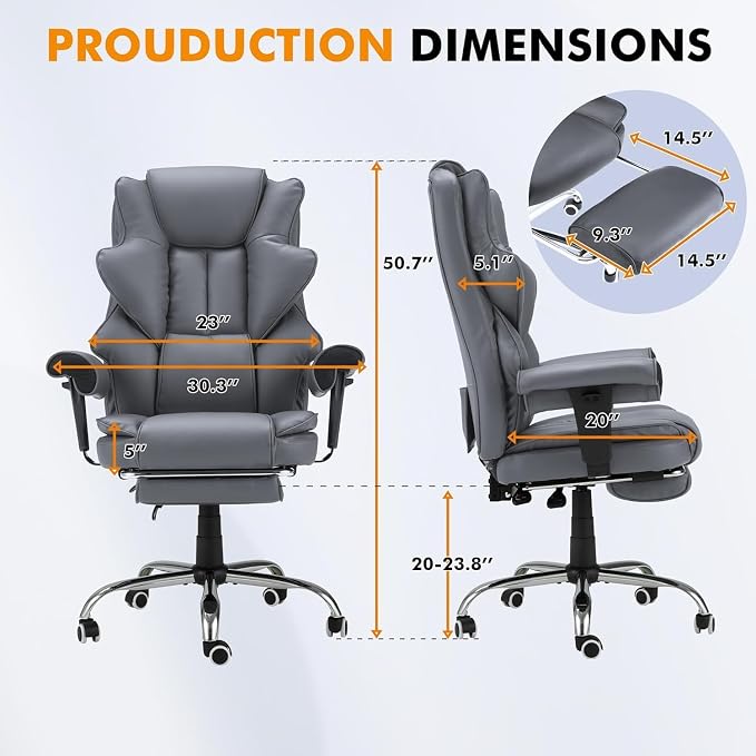 6-Point Massage Executive Chair,Heat Office Chair,Ergonomic Home Office Desk Chairs with Retractable Footrest and Reclining Function,Leather Computer Chair with Adjustable Armrest(‌Grey)