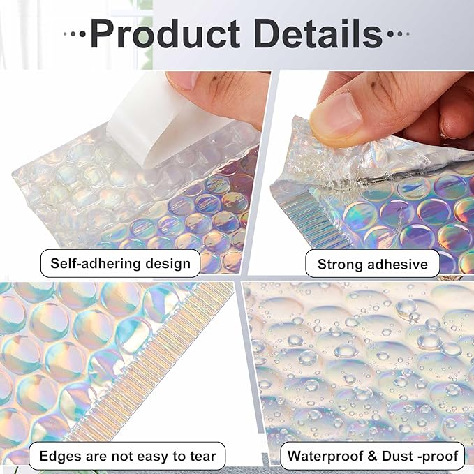 Henoyso 100 Pcs Bubble Mailer 4 Sizes Self Adhesive Waterproof Padded Envelopes Cushioning Seal Bubble Shipping Envelopes for Mailing Packaging Small Business Packing Supplies (Laser)