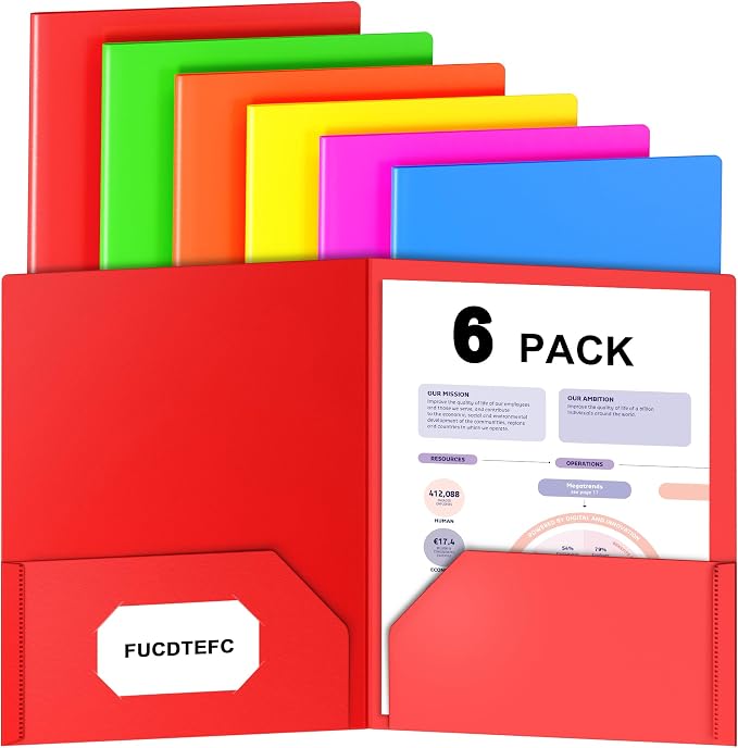 Plastic Folders with Pockets, 2 Pocket Folders Fit Letter Size Paper, Heavy Duty Paper File Folder with Business Card Holder for School Office Home Business (6 Pack, Assorted Colors) | Heavy Duty, Paper, File Folder, Business Card Holder, for School, O...