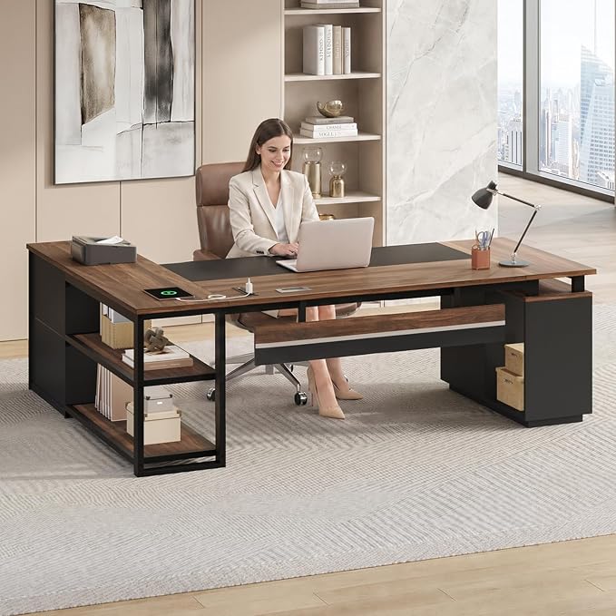 71" Executive Desk with Lockable File Cabinet, L Shaped Office Desk | with 2 Drawers, Storage Cabinet, Power Outlets, Executive Desk with CPU Stand and Storage Shelves,Modesty Panel, Walnut