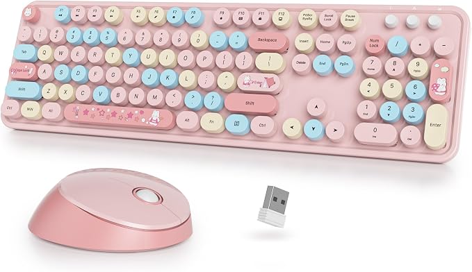 Wireless Keyboard Mouse,104 Keys Retro Typewriter Pink | 1600DPI Full Size With Number Pad & Mouse,Compatible With All Windows,Ideal For Computer, PC, Notebook, Laptop