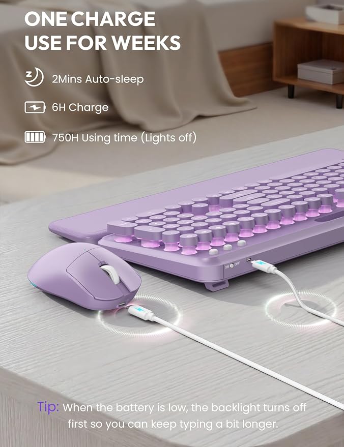 Wireless Keyboard and Mouse, Backlit Typewriter with Magnetic Wrist Rest | Phone Holder, Light Up Round Keycaps, Lighting Mouse, 2.4GHz Cordless Set for Mac, Windows, PC, Laptop, SABLUTE