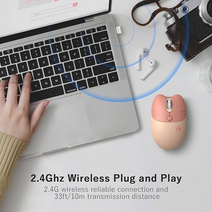 Wireless Compact Silent Mouse with Cute Cat Designs, 2.4GHz Plug and Play Wireless Opatical Mouse with USB Nano Receiver for Laptop/PC/Computer (Milk Tea Cat)