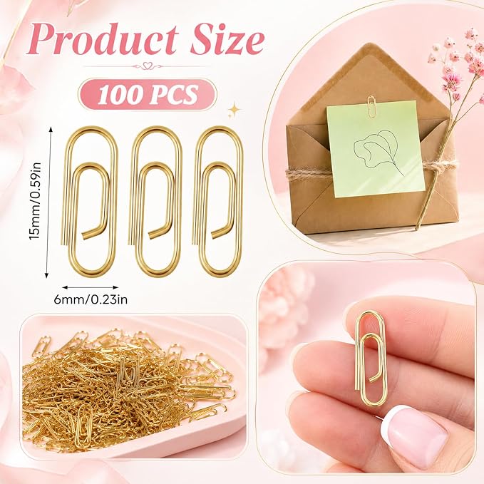 100 Pieces Mini Paper Clips, 0.6 Inch Metal Tiny Paper Clips Clamps Office Paperclip Cute Small Binder Notes Classified Clip for Office School Home Desk Organizers (Gold)