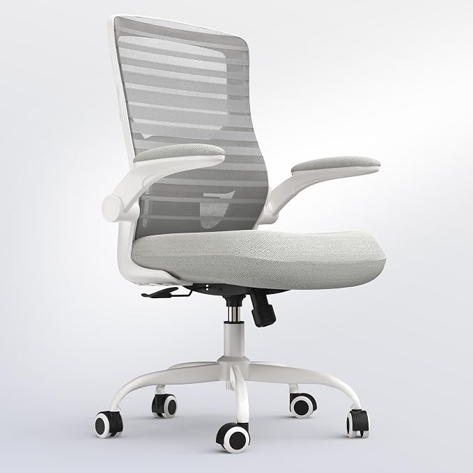 Office Desk Chair for Long Hours & Lower Back Pain Relief – 4“ Thick Molded Foam Cushion, Enhanced Lumbar Support, Padded Flip-up Armrests, Ideal for Office or Study (Light Gray)