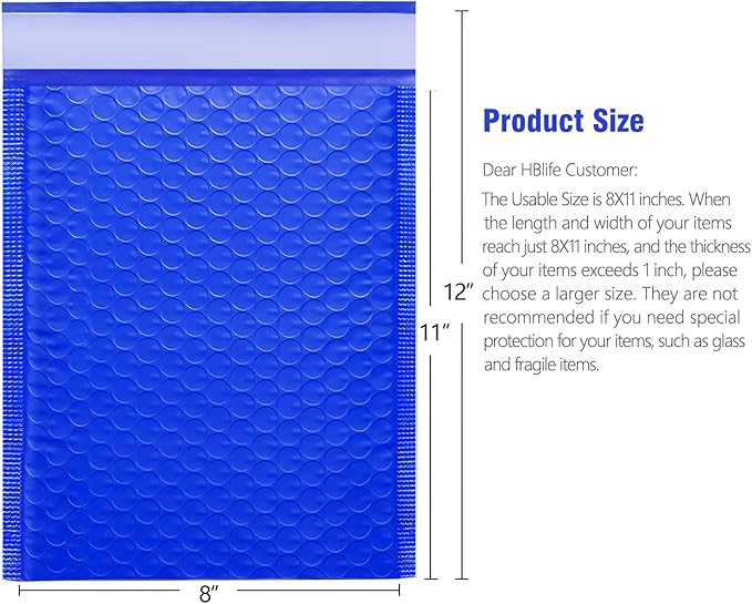 HBlife 25Pcs Bubble Mailers, 8.5x12 Inches Self Seal Blue Poly Mailers, Padded Envelopes Shipping Bags Packaging for Small Business