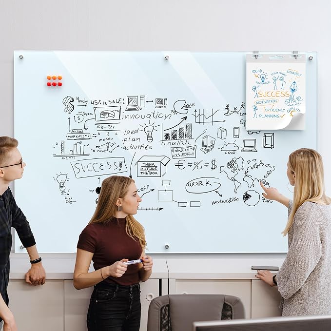 MaxGear 72" x 48" Glass Whiteboard Wall Mounted for Office Home Classroom | Magnetic Glass Dry Erase Board, Tempered Glass, Steel Backed, Non-Porous Surface, Frameless Design, Hardware Included