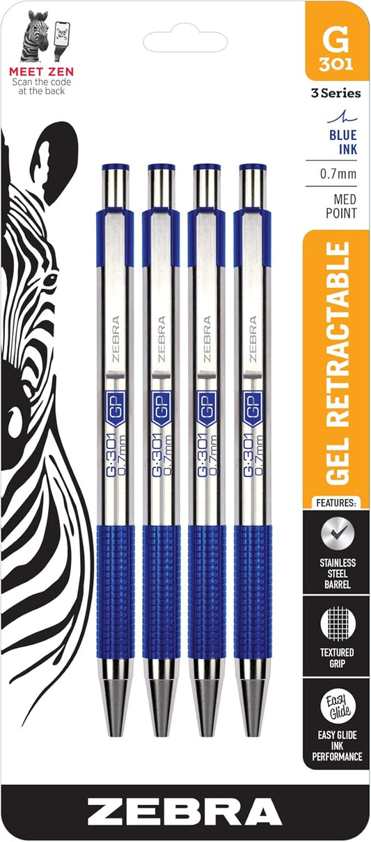 Zebra Pen G-301 Retractable Gel Pen, 0.7mm Medium Point, Stainless Steel Barrel, Textured Grip, Easy Glide Ink Provides a Smooth and Skipless Writing Experience, Blue Ink, 4-Pack (41324)