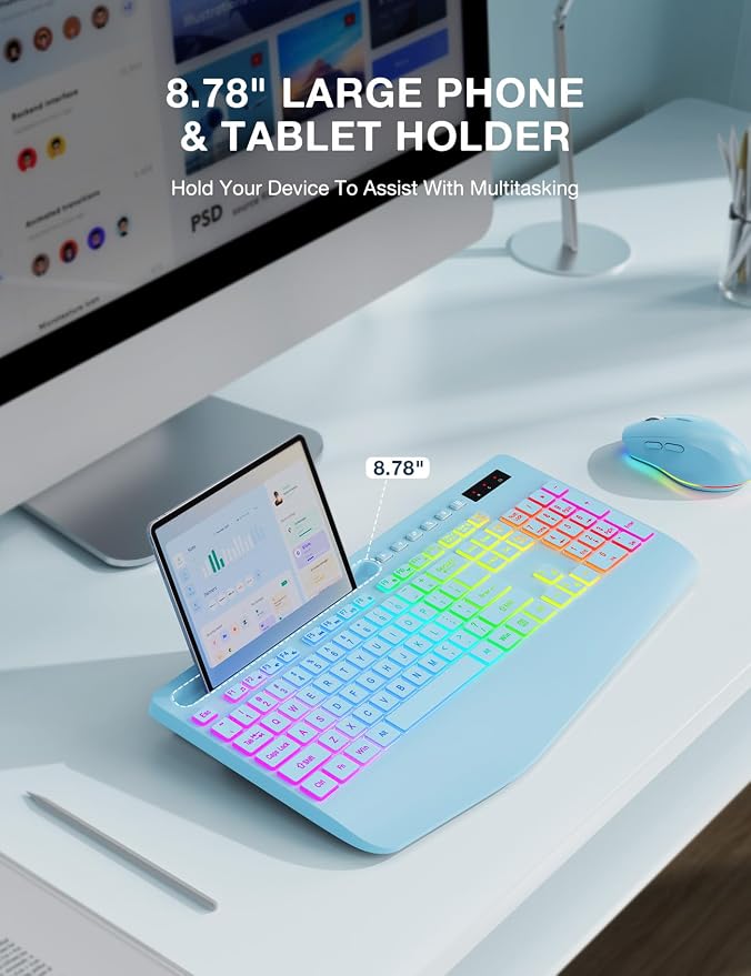 Wireless Keyboard and Mouse Combo, 9 Backlit Effects, RGB, 2.4GHz | Ergonomic Wrist Rest, Phone Holder, Rechargeable, Full Size, KM22 MAX Silent Set for Computer, Laptop, Mac, Windows (Blue)
