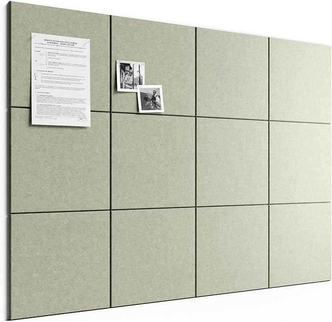 Bumusty 48" x 36" Large Cork Board Alternative, Sage | 12-Pack Felt Bulletin Board Tiles, 60 Adhesive Tabs, 30 Pushpins, Home, Office, Classroom, Vision Board