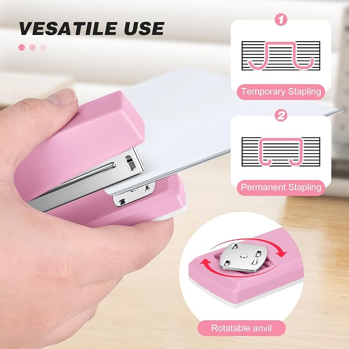 Stapler with 5000 Staples - 25 Sheet Capacity, Staplers for Desk, Pink | Non-Slip Office Stapler for classroom, home, School
