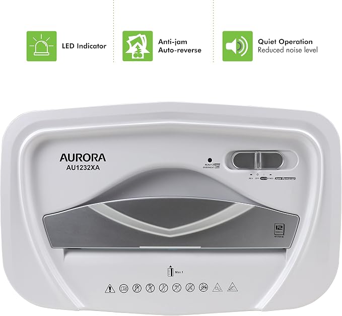 Aurora AU1232XA Anti-Jam 12-Sheet Crosscut Paper/Credit Card Shredder with 5.2-Gallon Wastebasket (White/Semi Translucent Blue)