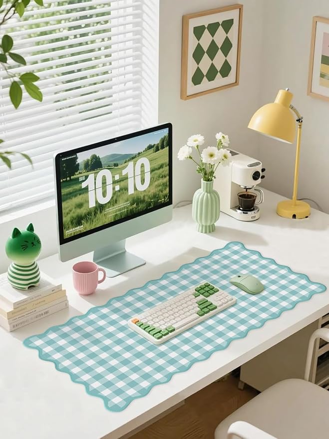 Scalloped‌ Teal Green Checkered Desk Mat Cute Pastel Large Gaming Mouse Pad Gingham Kawaii Cottagecore ‌Vintage‌ Girly Keyboard Computer Mat Aesthetic Desk Pad Accessories Office Decor for Women