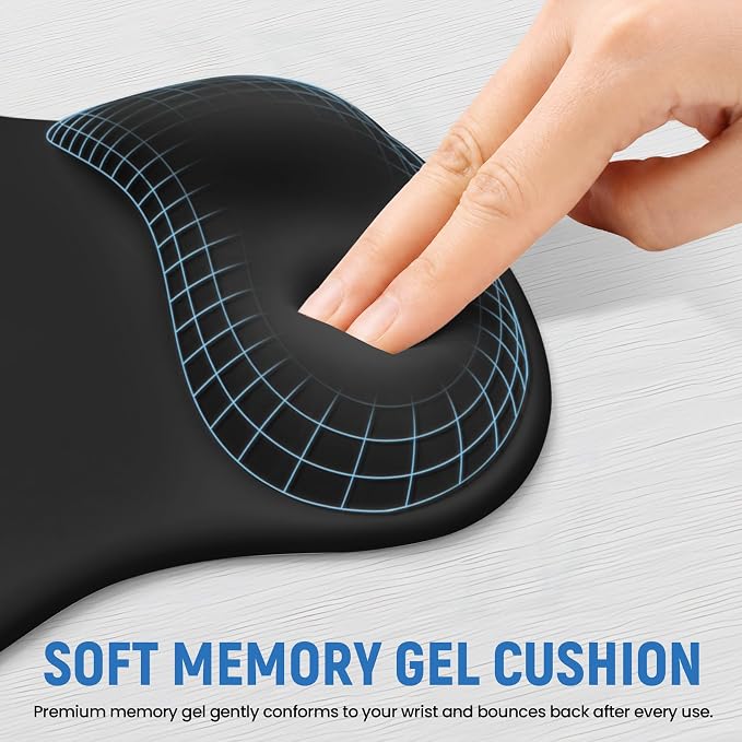 Ergonomic Mouse Pad with Wrist Rest, Gel Wrist Support, Black | 10.2 x 7.6 in Mouse Pad with Smooth Fabric Surface and Non-Slip Rubber Base for Office, Home, Study, and Gaming