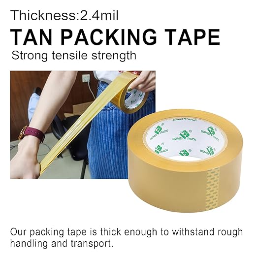 BOMEI PACK Tan Packing Tape Refills, Brown Packing Tape with Dispenser for Shipping, Moving and Packaging, 6Rolls 2.4 Mil 1.88 Inch x 60 Yards