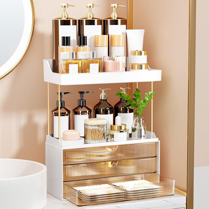 StorBin Arcylic 5-Tier Makeup & Skincare Organizer for Vanity, Bath, 2 Sets | Smooth 3 drawers, clear body, gold frame, non-slip, for perfumes, serums, face masks, palettes, vanity & bath counter,Amber