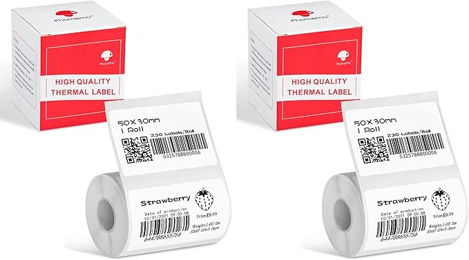 Phomemo Thermal Sticker Label Paper for M120/M110/M220/M250/M150 Label Maker Machine, Multi-Purpose Self-Adhesive Tag 1.96'' x 1.18"(50X 30mm), 230 Labels/Roll,Black on White (Pack of 2)
