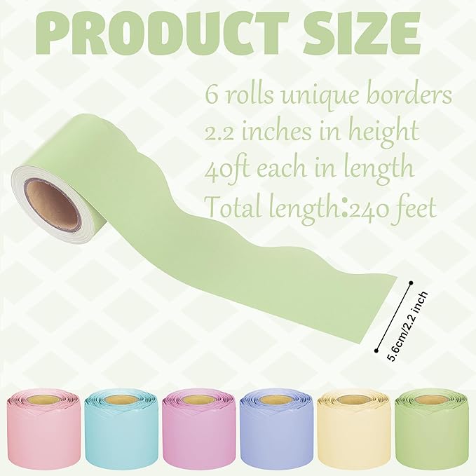 240Ft Pastel Bulletin Board Borders Colorful Classroom Border Trim Pastel Scalloped Borders Rolled Candy Bulletin Board Decorations for Classroom School Home Office Chalkboard Decor, 6 Rolls