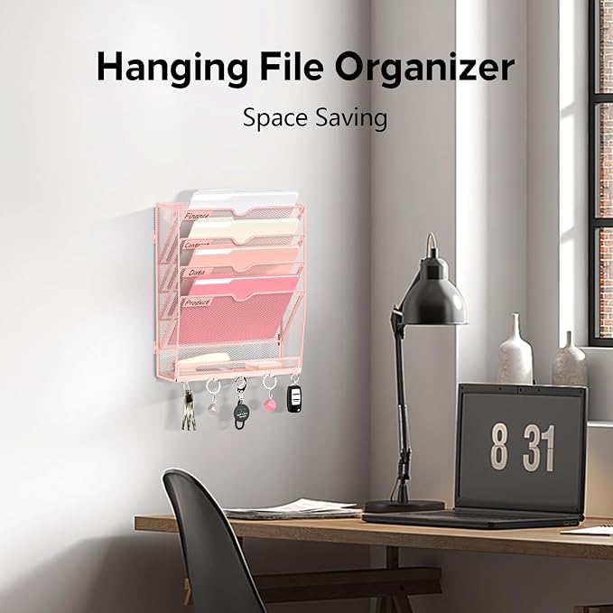 5-Tier Wall File Organizer and Mail Organizer with 5 Hooks, Pink | Label slots, curved openings, 5 key hooks, and a bottom tray support organized mail, file, and everyday item storage.