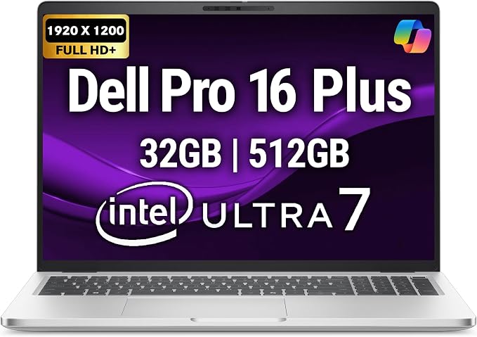 Dell Pro 16 Plus PB16250 (Replaces Latitude 5550) AI Business Notebook 16" FHD+ Intel Core Ultra 7-265U, 32GB DDR5 RAM, 512GB SSD, Wi-Fi 6E, Backlit Keyboard, HD Webcam, RJ-45, W11Pro - Silver