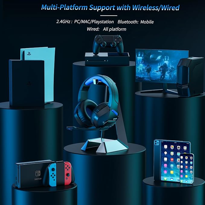 BINNUNE Wireless Gaming Headset for PS5 PC, 120H Ultra-Long Battery, 2.4GHz & Bluetooth 5.3 Wireless Gaming Headphones, PS5 Hadset Wireless with Mic, 50mm Drivers, Comfort Over Ear Headphones,Blue