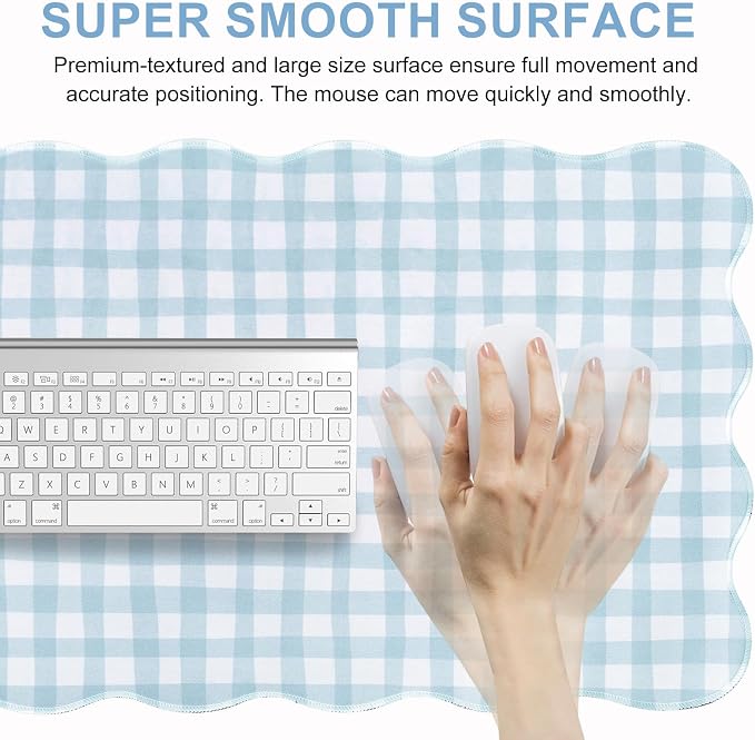 L-SPOUTTO Blue Checkered Mouse Pad,Cottagecore Scalloped Desk Mat XXL Large Cute Pastel Gaming Mousepad,35.4x15.7in Non-Slip Keyboard Pad Waterproof Desktop Mat for Laptop Computer Game Home Office