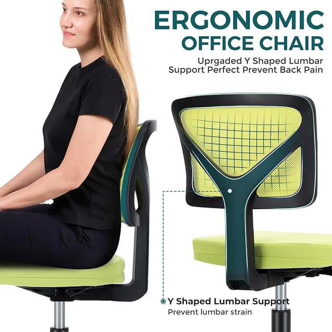 DUMOS Armless Desk Chairs, Small Home Office Mesh Chairs | Ergonomic Adjustable Mid Back, Swivel Rolling Task, Computer Work Vanity Small Spaces, Bright Green