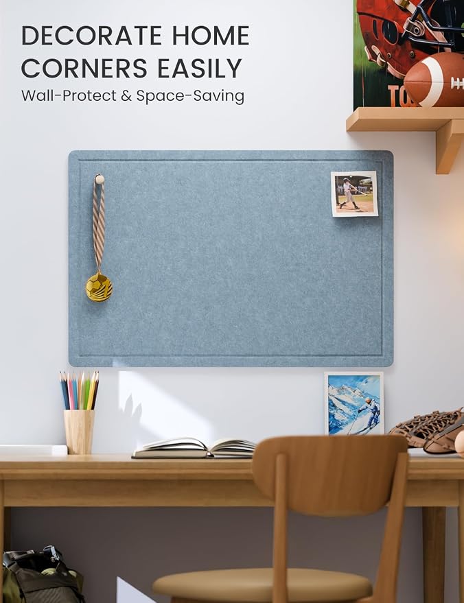 Fluxynara 35.4" x 23.6" Bulletin Board, Dusty Blue | Cork Board Alternative with 12 Removable Adhesive Tabs, Foldable Felt Pin Board for Home, Office, Classroom & Dorm