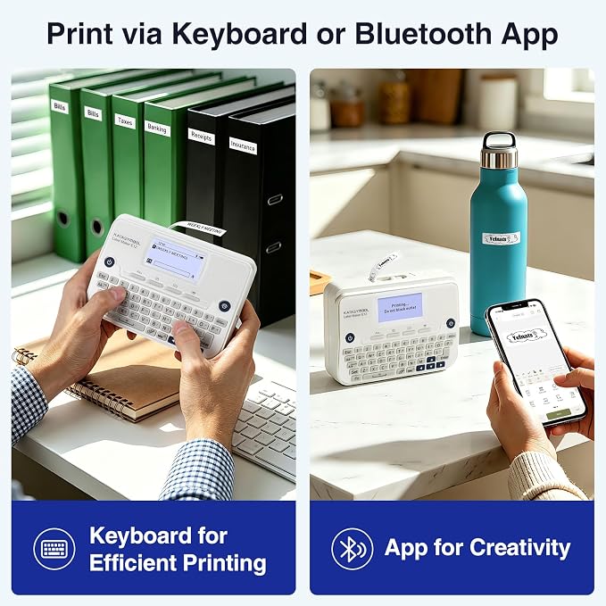 SUPVAN E12 Keyboard & Bluetooth Label Maker Machine with 4 Tapes, White | Rechargeable, LCD Backlit Display, App with 30+ Fonts & 660+ Icons, Minimal Margin, Inkless, for School, Office, Home