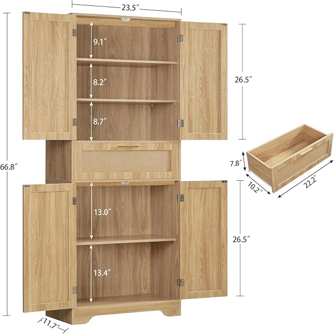 Iwell Tall Storage Cabinet with 2 Adjustable Shelves & Large Drawer, Rattan Cabinet with 4 Doors, Pantry Cabinets for Dining Room, Living Room, Home Office, Natural