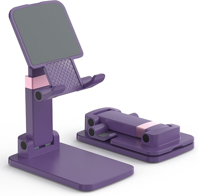 Cell Phone Stand for Desk, Adjustable Height & Angle Phone Holder, Foldable Portable Stand with Anti-Slip Silicone Pad, Compatible with iPhone and All Smartphones 4–8 Inch, Purple