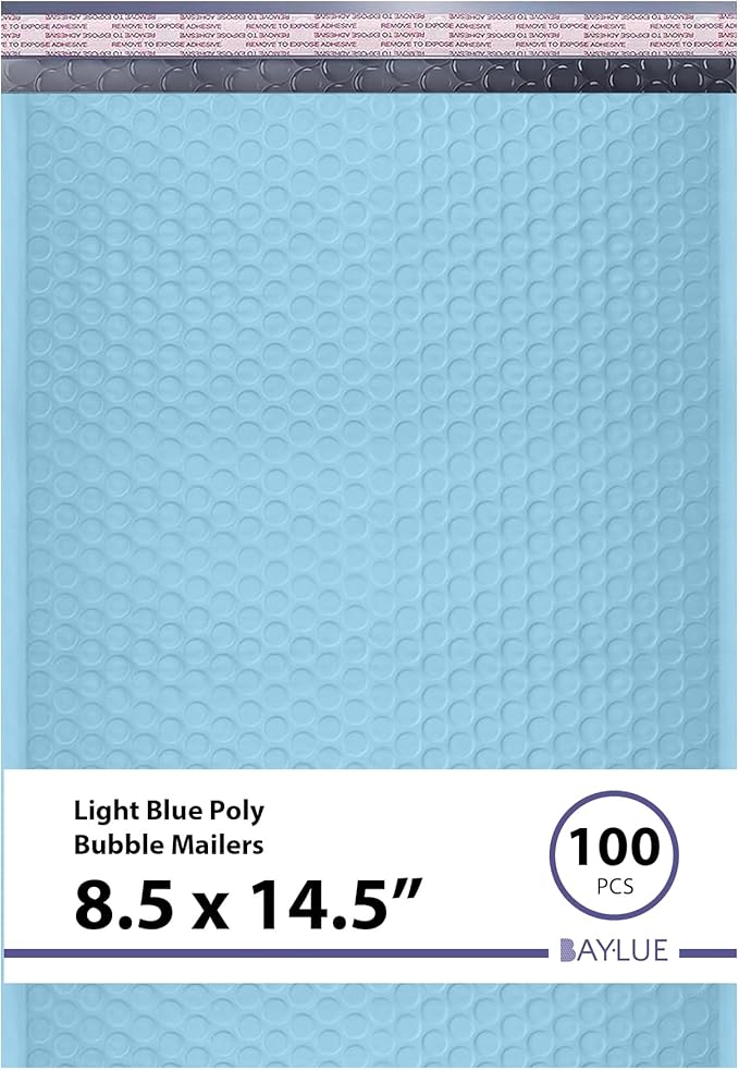 Light Blue Poly Bubble Mailers 8.5x14.5 inch #3 | Self Seal Padded Envelopes | Cushioned Bubble Mailer | Usable Size 8.5x13.5 | WaterProof | Lightweight mailing Shipping Bags | 100 Pack Bulk