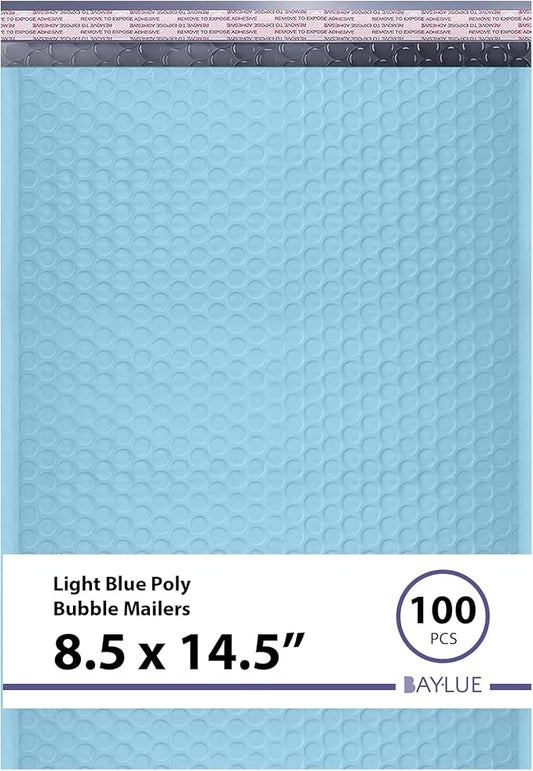 Light Blue Poly Bubble Mailers 8.5x14.5 inch #3 | Self Seal Padded Envelopes | Cushioned Bubble Mailer | Usable Size 8.5x13.5 | WaterProof | Lightweight mailing Shipping Bags | 100 Pack Bulk