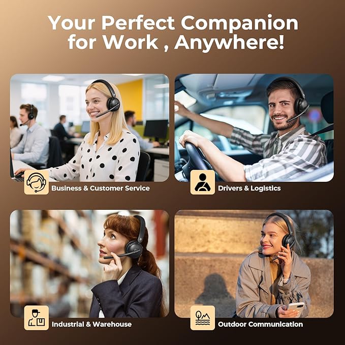 Wireless Headset with Mic for Work, Bluetooth Headset with Mic, AI Noise Cancelling, 65H Battery & Mute Function, Single-Ear Wireless Headset & USB Dongle, Fit for PC/Laptop/Teams/Call Center