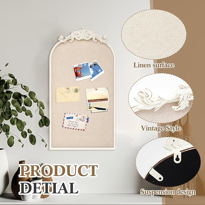 Vintage Framed Pin Board Linen Display Bulletin Board Large Ornate Fabric Picture Photo Pinboard Memo Decorative Prayer Pinboard Ornate for Wall Gift(Arch,13" X 25",Antique White)