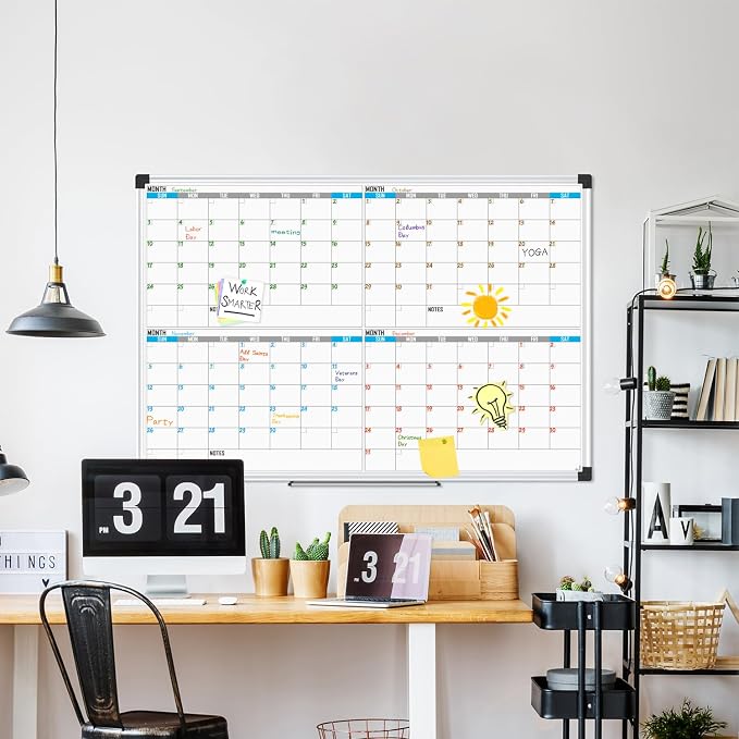 XBoard Magnetic 4 Month Whiteboard Calendar 48" x 36", Quarterly Planning for Office, Home, School