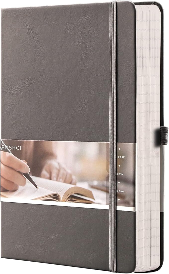 EMSHOI A5 College Ruled Notebook, 256 Numbered Pages 120GSM Ink-Proof Faux Leather Hardcover Lay-Flat Lined Journal for Work Office School Travel Writing, Small 5.75" x 8.38", Dark Grey