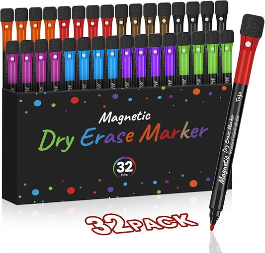Taja Magnetic Dry Erase Whiteboard Markers, 32 Count 8 Color Fine Tip Thin Dry Erase Markers with Eraser for Home Office School Supplies-Brilliant