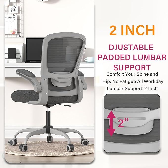 Ergonomic Office Chair w/Adjustable Lumbar, Flip Armrest, 135° Recline | Supports 300 lbs · Seat 19.48"–23.4" · Breathable mesh · 20–30 min assembly · 5-year warranty