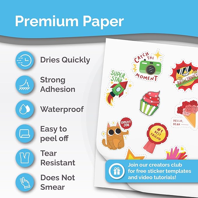 Premium Printable Vinyl Sticker Paper for Inkjet & Laser Printer - 56 Sheets - Glossy White - Self-Adhesive Waterproof Sheets - Dries Quickly & Vivid Colors - Holds Ink Well - Tear Resistant